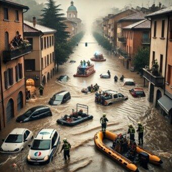 Una strada allagata a Bologna con auto sommerse e soccorritori in barca che aiutano i residenti.