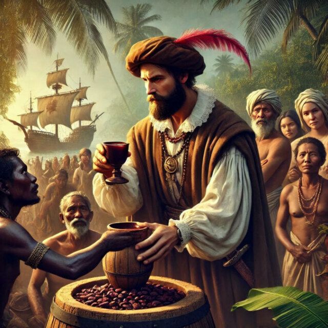 Vasco da Gama tiene una coppa e osserva un mercante locale mentre scambia un barile di cacao