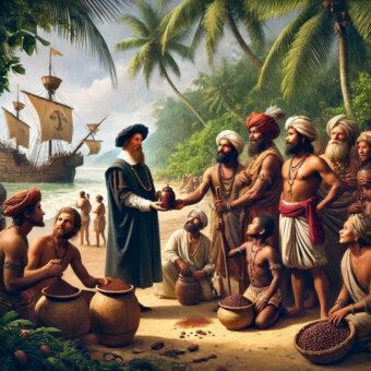 Vasco da Gama scambia un contenitore di cacao con mercanti locali